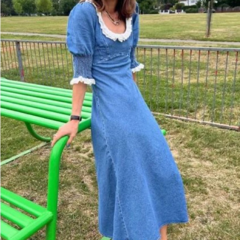 RIXO Denim Sundress with Lace trim